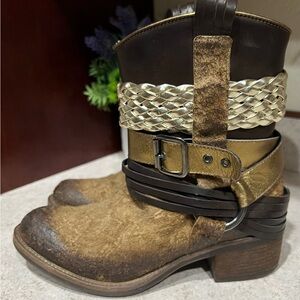 Handcrafted Bed Stu Brown & Gold Leather Cobbler Boots Size 37 With Braid & Buck